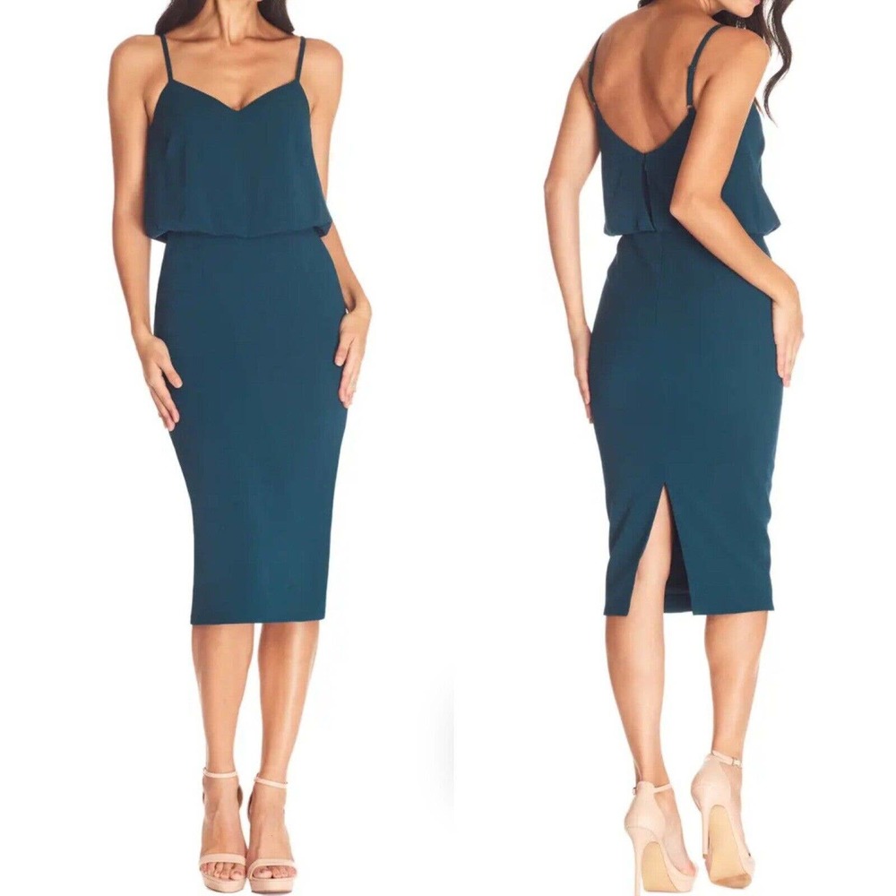 DRESS THE POPULATION Alondra Blouson Sheath Midi Dress NWOT Teal Sz L Crepe